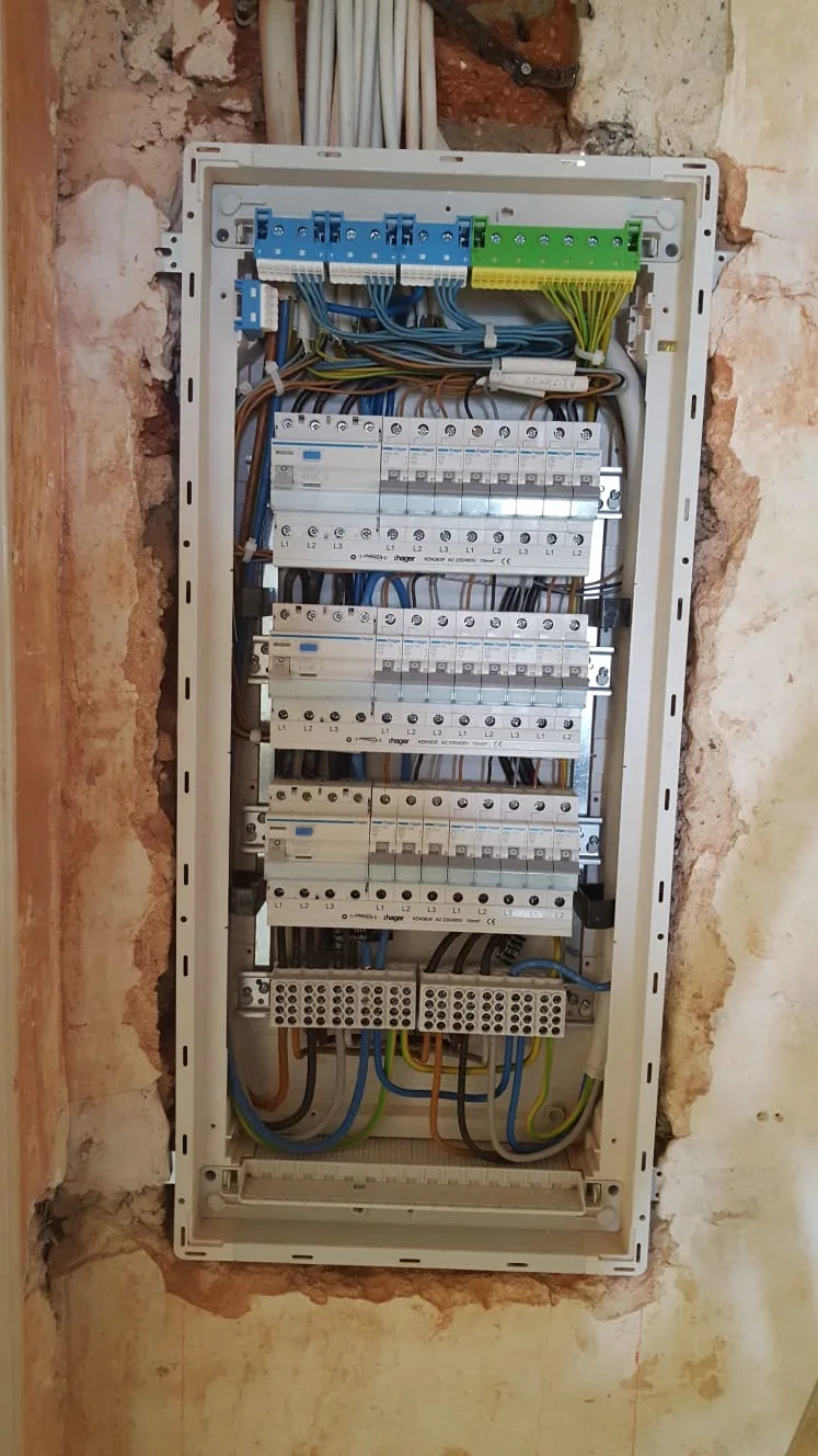 Offene Unterverteilung mit geordneten Schutzleitern und Stromkreisen während der Modernisierung